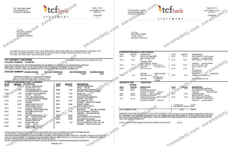 USA TCF bank statement, Word and PDF template, 3 pages